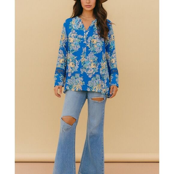 NEW ODDY blue floral crochet button front flowy tunic top sz 3X boho cottage lac - Picture 1 of 11